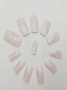 24pcs White French Style Half Covered Rhinestone Square Shape False Nail Stickers + Jelly Glue + Nail File Press On Nails Nail Supplies