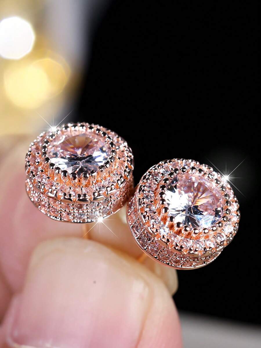 1pair Women's Austrian Crystal Round Earrings, Platinum/Gold-Toned, With White Zirconia Rhinestones For Wedding And Hip-Hop Style - Rose Gold - View 1
