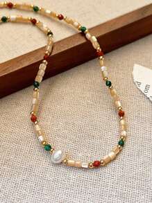 Andkiss 1 pieza Collar de cuentas de piedra natural y perlas de agua dulce falsas con efecto de dopamina