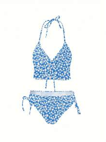 Women's Floral Halter Neck Tie Separates Bikini Set For Vacation Summer