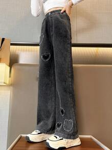 2023秋冬女童中大童六心牛仔阔腿裤（1条售卖） - 黑色 - 查看 4