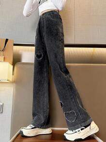 2023秋冬女童中大童六心牛仔阔腿裤（1条售卖） - 黑色 - 查看 5