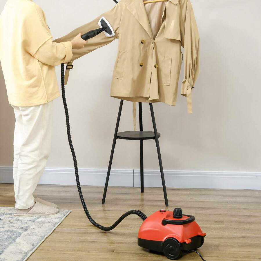 HOMCOM Limpiador a Vapor Portátil Deposito 1,2 L Vaporeta Multiusos Autonomía con Accesorios para Tapicería Sofá Baño Coche 34x25x23,5 cm Rojo - Rojo - Ver 1