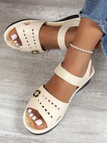 夏季防滑軟底拖鞋，針對年長婦女，中老年婦女輕便透氣防水沙灘鞋 - 米色 - 查看 4