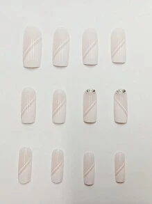 24pcs White French Style Half Covered Rhinestone Square Shape False Nail Stickers + Jelly Glue + Nail File Press On Nails Nail Supplies