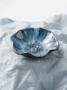 1pc 4.3" Ceramic Jewelry Tray, Bracelet Watch Ring Holder Dish, Necklace Earring Headphone Storage Plate, Reactive Glaze Deep Blue & Light Blue - Kiln-changed Blue - View 8