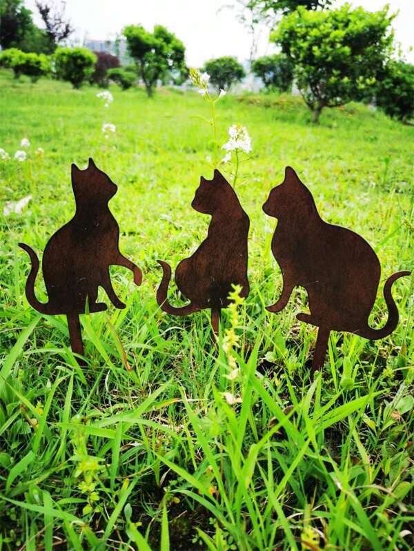 3 peças 18cm estacas de jardim de metal marrom enferrujado, ferro oco em forma de gato fofo decoração de vaso de gramado para jardim doméstico ao ar livre
