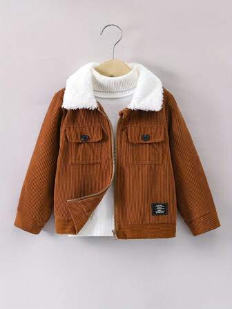 Young Boy Fashionable Corduroy Patchwork Fleece Collar Outerwear Jacket, Lightweight Spring/Autumn
