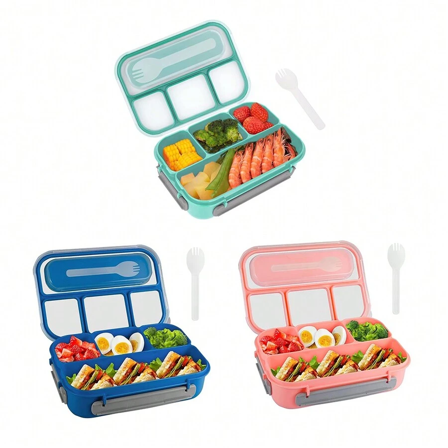 1 Hộp cơm Bento kèm nĩa, hộp đựng thực phẩm chống rò rỉ 4 ngăn, hộp đựng đồ ăn trưa cho trường học, văn phòng, du lịch, lò vi sóng, có thể rửa bằng máy rửa chén, màu xanh lam - Hồng - Xem 1