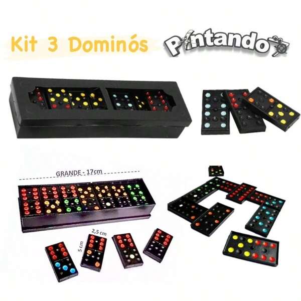 Kit 3 Jogos Dominós 28 pçs Estojo e Tampa Brinquedo Infantil