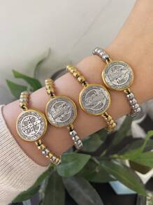 1個時尚創意鈦鋼圓形雙面人像吊墜珠子編織手鍊，適用於情侶或最好的朋友，日常聚會、節慶、派對適用，手鍊可調節 - 人像手鍊 - 查看 12