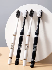 YALINA 2pcs Polyamide Toothbrush, Leaf Pattern Toothbrush For Bathroom Home Bathroom Decor Fall Decor Back To School - Black and White - View 1