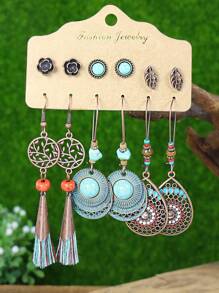 TopHanqi Juego de aretes colgantes de estilo vintage-geométrico con colgante hueco, decorado con turquesa y pedrería, para mujeres, elemento bohemio, para cuatro temporadas