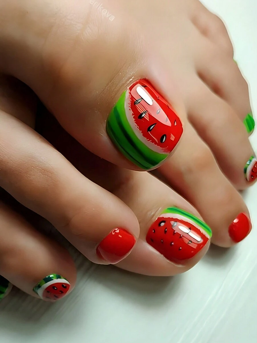 Actualice su aspecto con un conjunto falso de uñas cuadradas recortadas de diseño de frutas de sandía de 24 piezas, adecuado para fiestas, bailes o uñas postizas para uso diario de suministros de uñas - Rojo y blanco - Ver 1