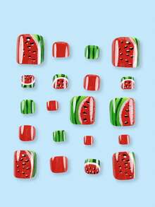 Actualice su aspecto con un conjunto falso de uñas cuadradas recortadas de diseño de frutas de sandía de 24 piezas, adecuado para fiestas, bailes o uñas postizas para uso diario de suministros de uñas - Rojo y blanco - Ver 3