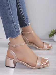 2024 New Style Women's High-Heeled Sandals, Summer Fashionable Shoes With Square Toe And Ankle Strap Buckle, Elegant Champagne-Colored Wide Band Chunky Heels For Parties