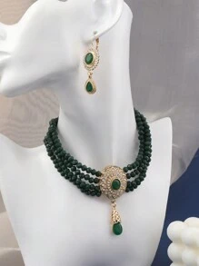 1套阿拉伯風格手工珠寶項鍊，掛墜為水滴形鑽石項鍊，包含相配耳環，適用於女性婚禮、派對、節日及舞會等場合穿搭珠寶套裝 - 項鍊耳環二件組 - 查看 15