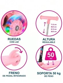 1 Pz Monopatín Scooter Patín Del Diablo Rosa Flechas Con Luz Y Sonido Ajustable Cómodo 3 Ruedas Plegable Desmontable Plataforma Antideslizante Dirección Con Gravedad - Rosa - Ver 8