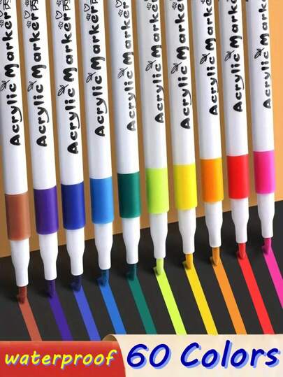 60 Canetas Marcadoras de Tinta Acrílica em Cores, Adequadas para Desenho e Criação de Arte DIY, À prova d'água, Lavável, Podem ser Usadas para Pintura em Tecido, Vidro, Cerâmica, Plástico e na Maioria das Superfícies
