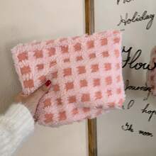 1個格紋法蘭絨對比色拉鍊化妝包,適合女性戶外旅行使用 - 粉色 - 查看 7