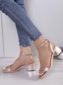 2024 New Style Women's High-Heeled Sandals, Summer Fashionable Shoes With Square Toe And Ankle Strap Buckle, Elegant Champagne-Colored Wide Band Chunky Heels For Parties