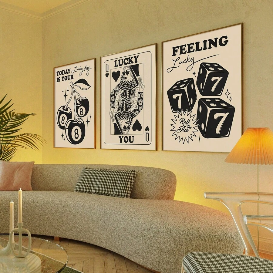 3pcs/Set Fashionable Black & White Feeling Lucky Canvas Wall Art Prints, Poker Dice Cherry Art Deco Wall Decor, Vintage Aesthetic Neutral Decor, Black Art Posters, Bedroom Living Room Hallway Artwork, Wall Art, Summer Decor, Room Decor, Unframed Gifts Birthday Graduation - Black and White - View 1