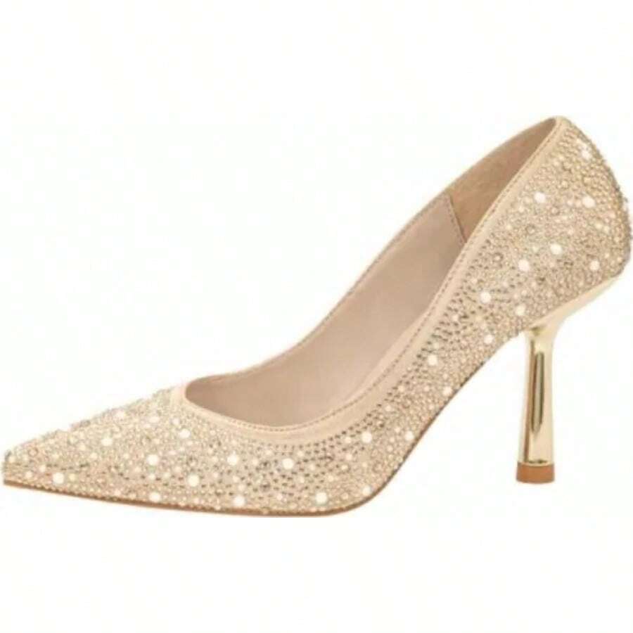 Zapatilla Cerrada con Tacón de 9 cm y Pedrería para Dama en Color Oro - Dorado - Ver 1