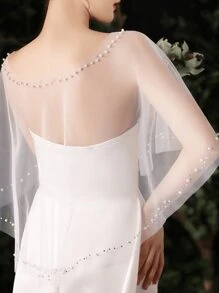 1 件新娘婚礼透明珍珠边披肩，适合婚礼拍摄和活动秋季女士服装 - 白色 - 查看 4