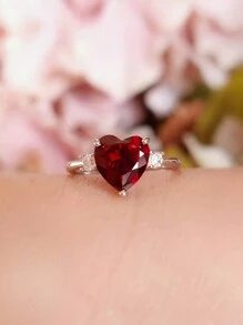 Anillo elegante para mujeres en forma de corazón rojo, brillante, perfecto para fiestas y cumpleaños, un gran regalo como joya exquisita para mujeres - Rojo - Ver 3