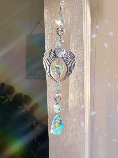 قطعة واحدة، تميمة مع أجنحة ملاك معلقة ، قلادة للأشخاص المميزين، زينة معدنية مرصعة بالأوكتاجونات البلورية والأشكال المنشقة على شكل قلب للتعليق في المنزل، ديكور الغرف والحوائط