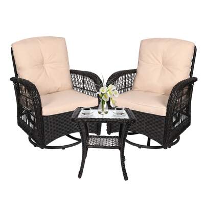 VIVIJASON 3-Piece Outdoor Conversation Bistro Set, Patio Swivel Glider Rocking Chairs Rattan Furniture Sets W/ 2 Rattan Chairs, Cushions, Glass Top Side Table For Porch Backyard