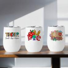 教师节玻璃杯 - 12 盎司不锈钢，蛋壳形，隔热盖，便携式旅行杯，四季皆宜的饮具，完美的教师礼物 返校 - 白色 - 查看 4