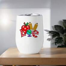 教师节玻璃杯 - 12 盎司不锈钢，蛋壳形，隔热盖，便携式旅行杯，四季皆宜的饮具，完美的教师礼物 返校 - 白色 - 查看 6