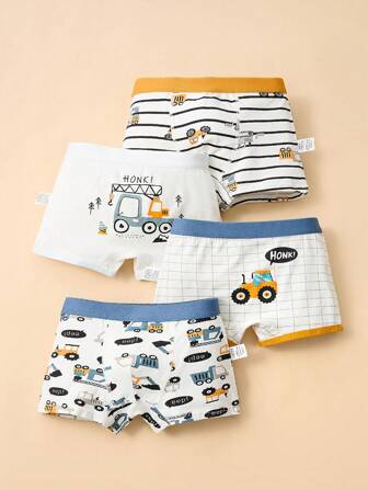4pcs/Set Young Boy Construction Vehicle Printed Boxer Briefs, Children Underwear Shorts Set