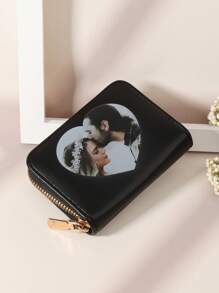 定制照片情侶鱷魚紋多功能卡片夾錢包，短款錢包，情人節/母親節/生日禮物 - 黑色 - 查看 2