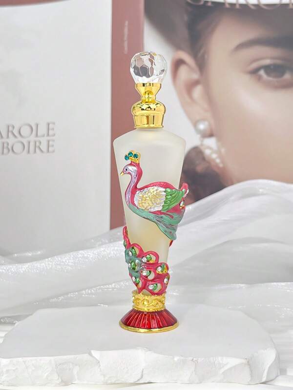 Bottiglia di profumo vintage da 25 ml con cristalli, con decorazione a cono smaltato e cubica a forma di pavone, dispenser di olio essenziale da viaggio (solo bottiglia vuota, senza profumo), adatto per vacanze al mare, bagno, camera da letto, grande capacità