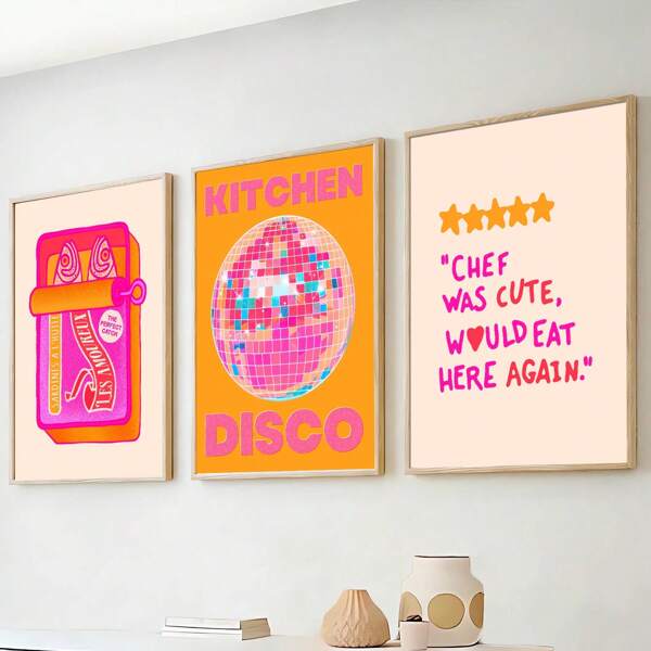 Póster retro sin marco de moda romántica para parejas de sardinas con bola de discoteca, arte funky de carrito de barra, pintura en lienzo impresa de imagen maximalista para pared de dormitorio, apartamento,sala de estar y decoración del hogar. Ideal para regalo.