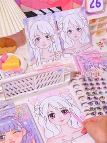 Children's Puzzle Toy Princess Makeup Coloring Set Girls' Dress-up Games Diy Coloring & Dressing Stickers Cheerful Girl Sticker Album (1set/10sheets)