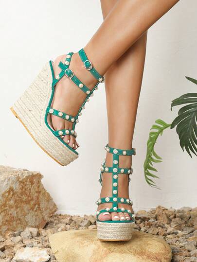 Fashion High Heel Sandals, Small Size Elevator Shoes, Summer 2024 New Style: Open Toe Peep-Toe Studded Wedge Heels, Roman Sandals