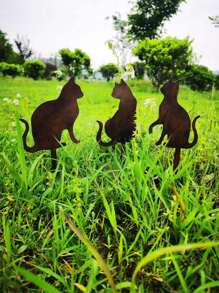 3 件 18 厘米锈棕色金属花园桩套装，可爱猫咪空心铁艺装饰，适用于户外花园草坪花盆庭院 - 鏽棕色 - 查看 4