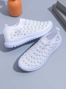 2024 New Women's Outdoor/Casual Sports Shoes With Rhinestone Decor, Breathable And Anti-Slip Design, Comfortable Knit Material