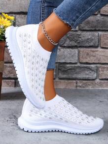 2024 New Women's Outdoor/Casual Sports Shoes With Rhinestone Decor, Breathable And Anti-Slip Design, Comfortable Knit Material