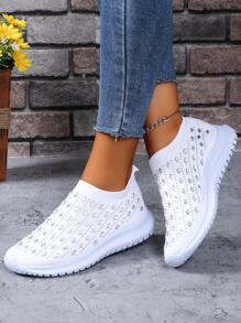 2024 New Women's Outdoor/Casual Sports Shoes With Rhinestone Decor, Breathable And Anti-Slip Design, Comfortable Knit Material