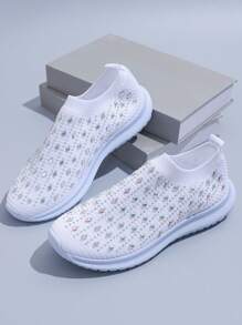 2024 New Women's Outdoor/Casual Sports Shoes With Rhinestone Decor, Breathable And Anti-Slip Design, Comfortable Knit Material