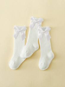 3 Pairs Girls' White High Knee Socks With Bows - White - View 4
