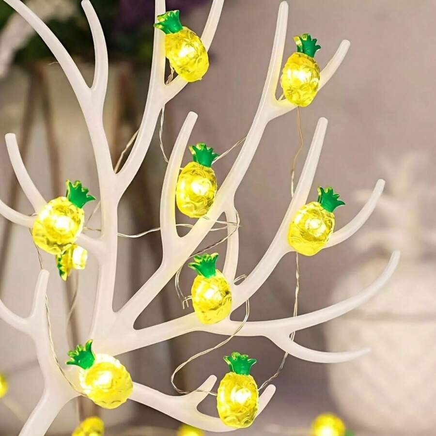 1入組1M 10燈/2M 20燈電池操作的鳳梨形LED銅線燈，春季/夏季裝飾室內/室外LED串燈 - 黃色 - 查看 1