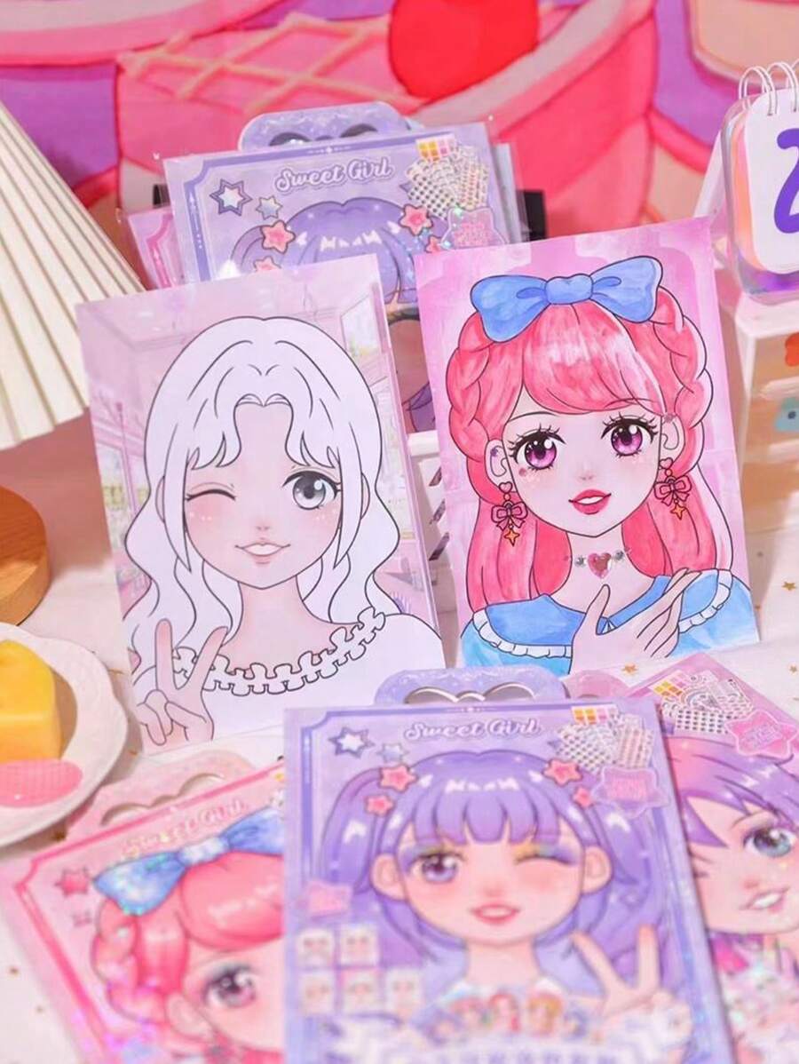 Children's Puzzle Toy Princess Makeup Coloring Set Girls' Dress-up Games Diy Coloring & Dressing Stickers Cheerful Girl Sticker Album (1set/10sheets)