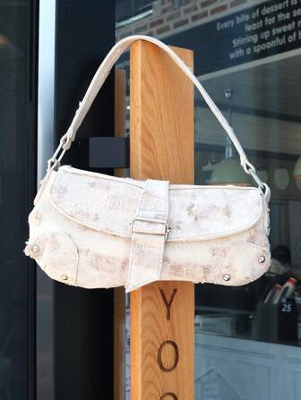 Women Denim Distressed Asymmetric Shoulder Bag, Studded Street Style Tote Handbag, Y2K Denim Underarm Bag, Suitable For Dating, Casual, Fashion Party, Travel, School, Holiday Gift