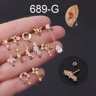 1pc/3pcs Titanium Steel Copper Micro-Inlaid Zirconia Earrings, Women Thick Bar Stainless Steel Screw Ball Stud Earrings Flower Butterfly Ear Bone Earrings, Mother's Day Gift, Teacher's Day Gift, Accessories For Girlfriend