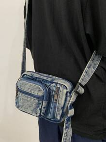 斜背包便攜袋肩背包男士手提包牛仔包大容量學生袋迷你牛仔電話包大學包父親節禮物夏季Dad - 藍色 - 查看 4